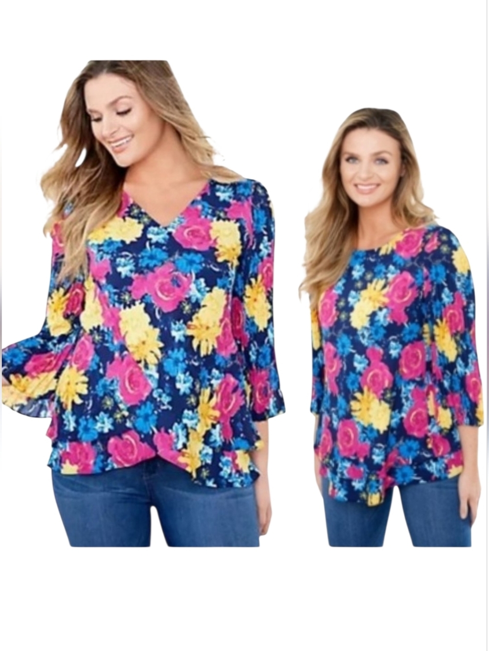 Laurie Felt Floral Blouse Reversible Statment Sleeves Womens Plus Size 1X
